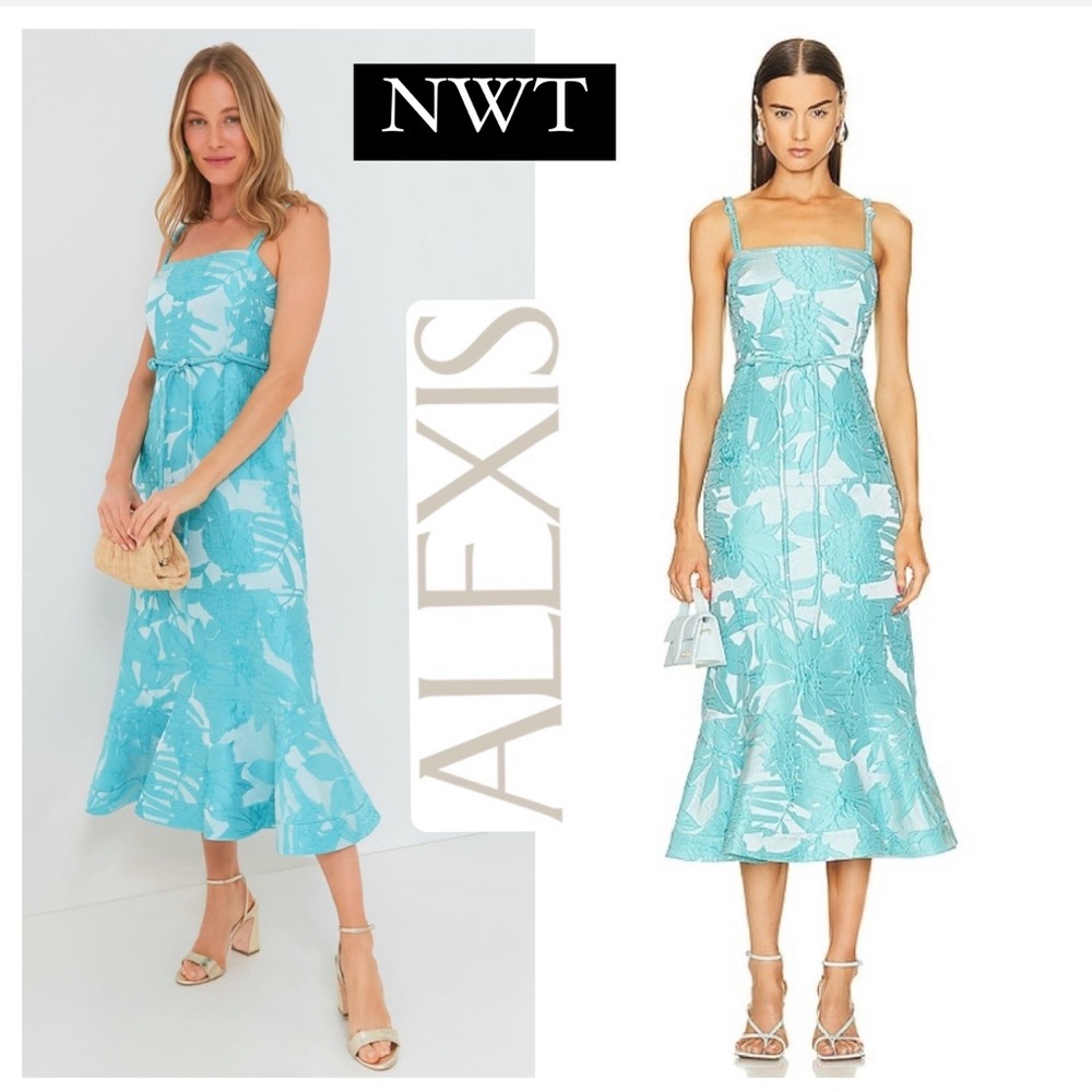 NEW ALEXIS delphine midi dress in tuscan blue jacquard zip closure L